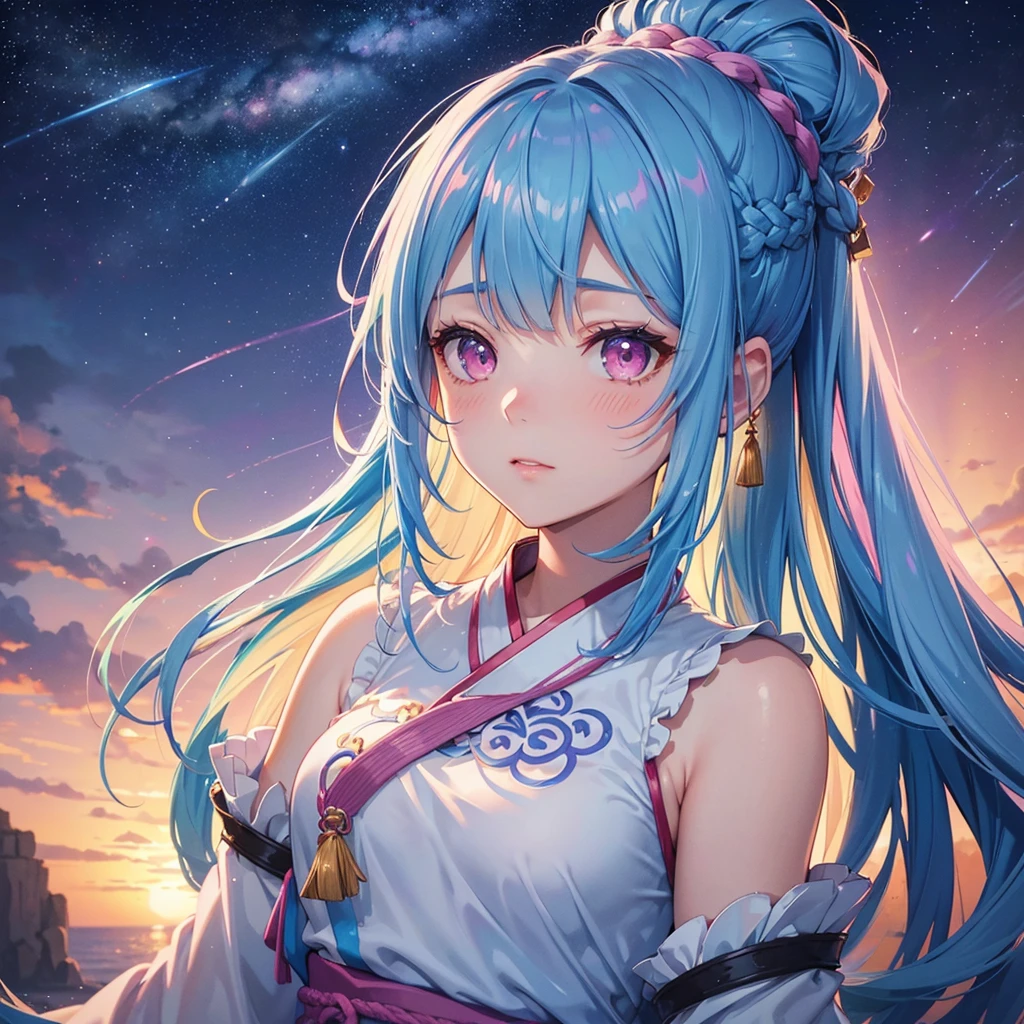 Sky blue hair, (One braided ponytail),(Pink Eyes),Fair skin ,(whole body),(One girl),Hanfu,The goddess,Tanabata,(A beautiful Milky Way in the night sky),Stern face,Blushing,Straight bangs,(masterpiece, Highest quality, Very detailed, Best Shadow), (Detailed Background), (Beautifully detailed face), High Contrast, (Best lighting, Very delicate and beautiful), ((Cinematic Light)), colorful, Hyper Detail, Dramatic Light, Intricate details,