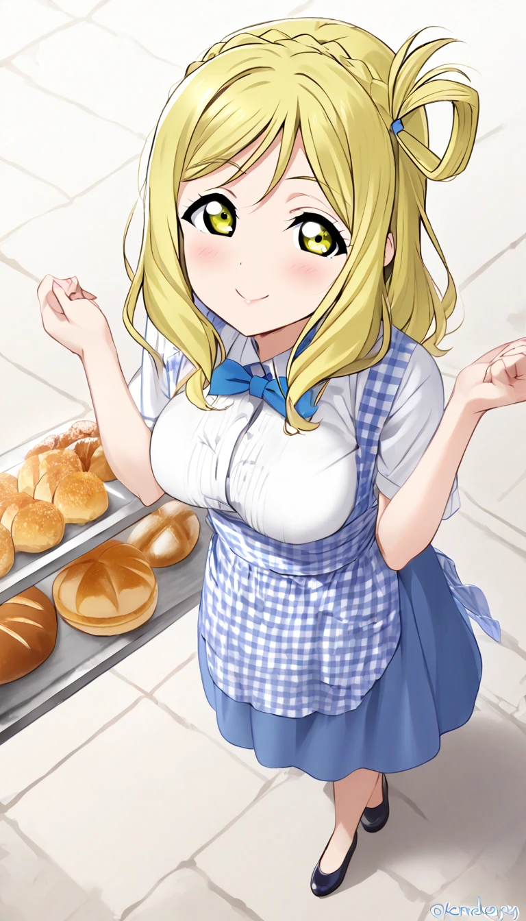 best quality,medium quality,(1girl), (solo),ohara mari, love live! sunshine!, hair rings, blonde hair, yellow eyes, crown braid, medium hair, large breasts , kobeya uniform,blue skirt, blue neckwear, gingham apron, Bakery,from above, standing posing,smile,