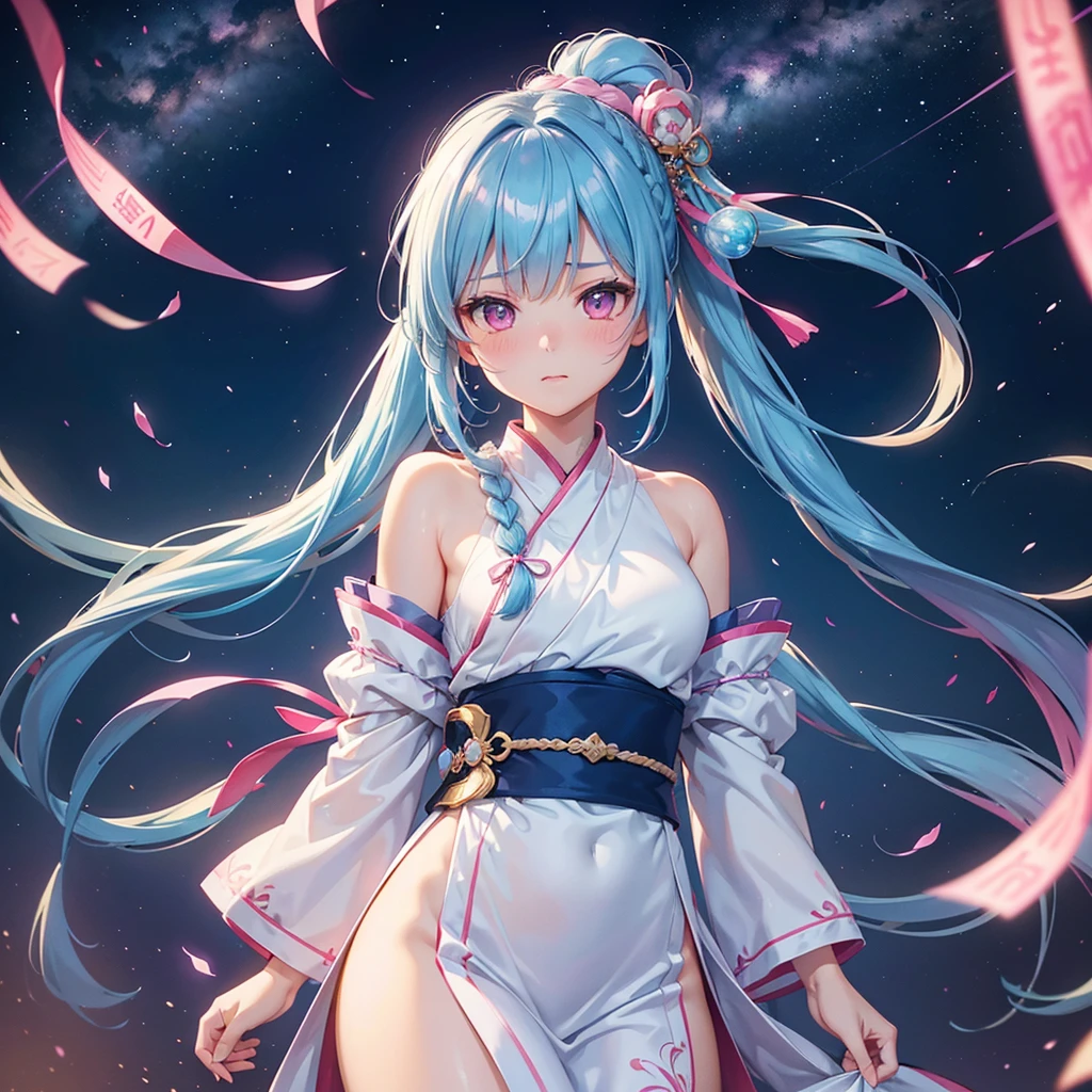 Sky blue hair, (One braided ponytail),(Pink Eyes),Fair skin ,(whole body),(One girl),Hanfu,The goddess,Tanabata,(A beautiful Milky Way in the night sky),Stern face,Blushing,Straight bangs,(masterpiece, Highest quality, Very detailed, Best Shadow), (Detailed Background), (Beautifully detailed face), High Contrast, (Best lighting, Very delicate and beautiful), ((Cinematic Light)), colorful, Hyper Detail, Dramatic Light, Intricate details,