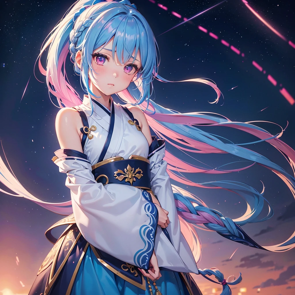 Sky blue hair, (One braided ponytail),(Pink Eyes),Fair skin ,(whole body),(One girl),Hanfu,The goddess,Tanabata,(A beautiful Milky Way in the night sky),Stern face,Blushing,Straight bangs,(masterpiece, Highest quality, Very detailed, Best Shadow), (Detailed Background), (Beautifully detailed face), High Contrast, (Best lighting, Very delicate and beautiful), ((Cinematic Light)), colorful, Hyper Detail, Dramatic Light, Intricate details,