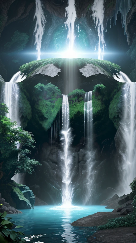 Portal hidden behind a waterfall Fantasy, another dimension. Hyperrealistic, UHD, HD, 8K,
