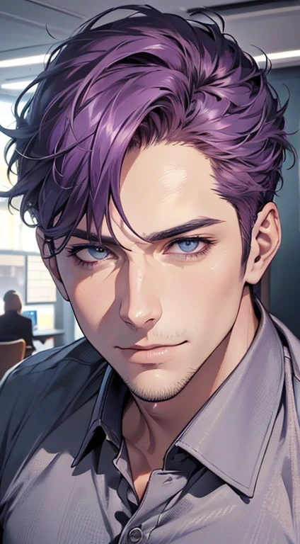 (best quality,4k,8k,highres,masterpiece:1.2),ultra-detailed,(realistic,photorealistic,photo-realistic:1.37),1 man,31 years old,mature man,very handsome,without expression,smile,short purple hair,blue eyes,penetrating gaze,perfect face without errors,imposing posture,businessman,office background,cinematic lighting,hdr image