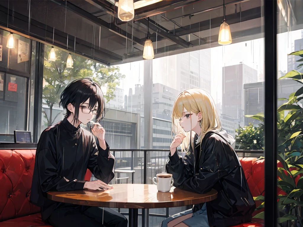 Black haired man wearing glasseuscular man、Blonde woman、Melancholy atmosphere、Coffee on a rainy dayHaving a conversation in a coffee house、30 years old