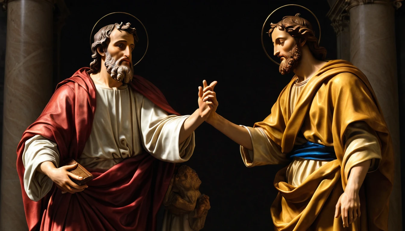 An epic representation of Saint Peter and Jesus, religious art, amazing, masterpiece, the better quality, award winner