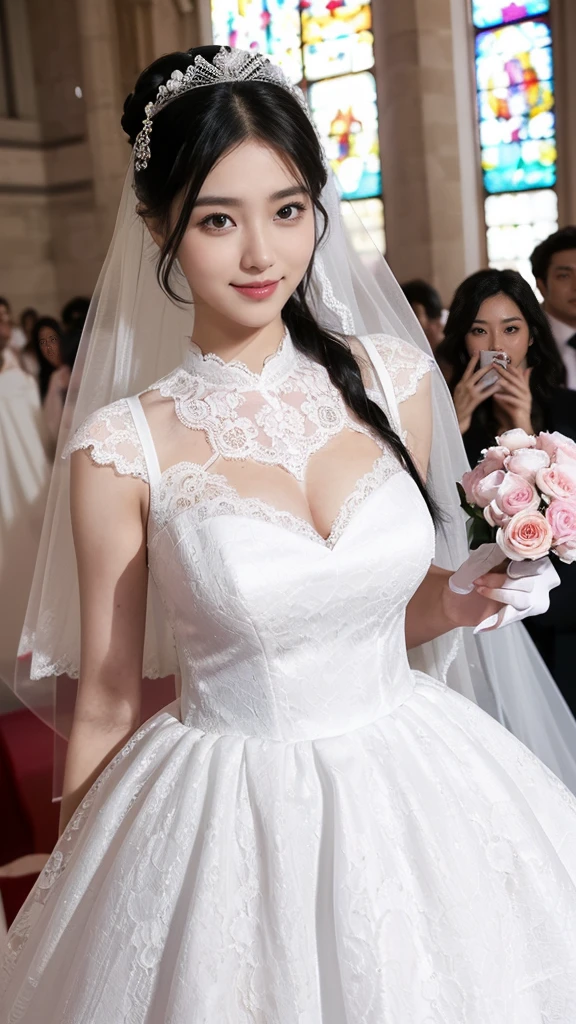 Escape((20-year-old)), hair((black)), eye((smart eye, black)), clothing((White lace, 白色シースルーWedding dress, Wedding dress)), hair bun, Head ornament, Pink nipples , Veil, bouquet, Huge , Large Breasts, smile, Korean Makeup, Heavy makeup, White Church, Church wedding,