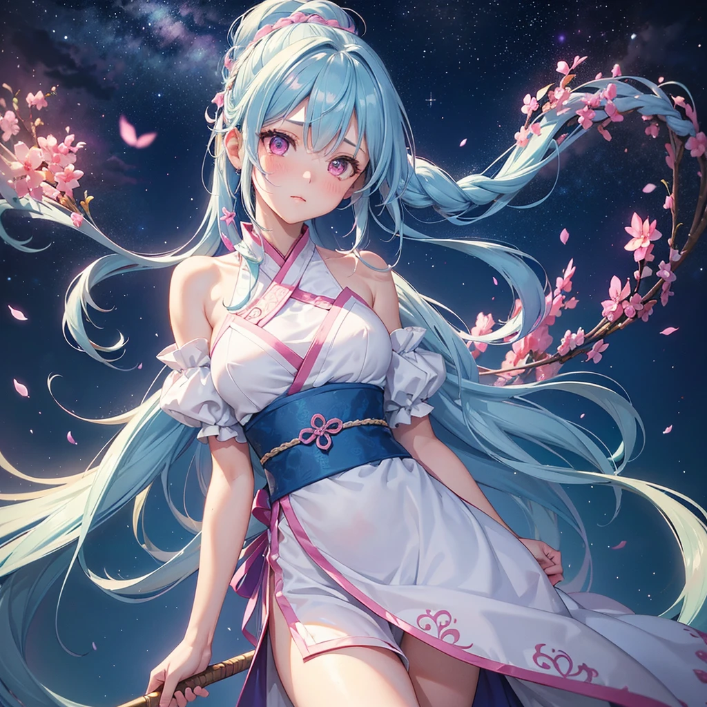 Sky blue hair, (One braided ponytail),(Pink Eyes),Fair skin ,(whole body),(One girl),Hanfu,The goddess,Tanabata,(A beautiful Milky Way in the night sky),Stern face,Blushing,Straight bangs,(masterpiece, Highest quality, Very detailed, Best Shadow), (Detailed Background), (Beautifully detailed face), High Contrast, (Best lighting, Very delicate and beautiful), ((Cinematic Light)), colorful, Hyper Detail, Dramatic Light, Intricate details,