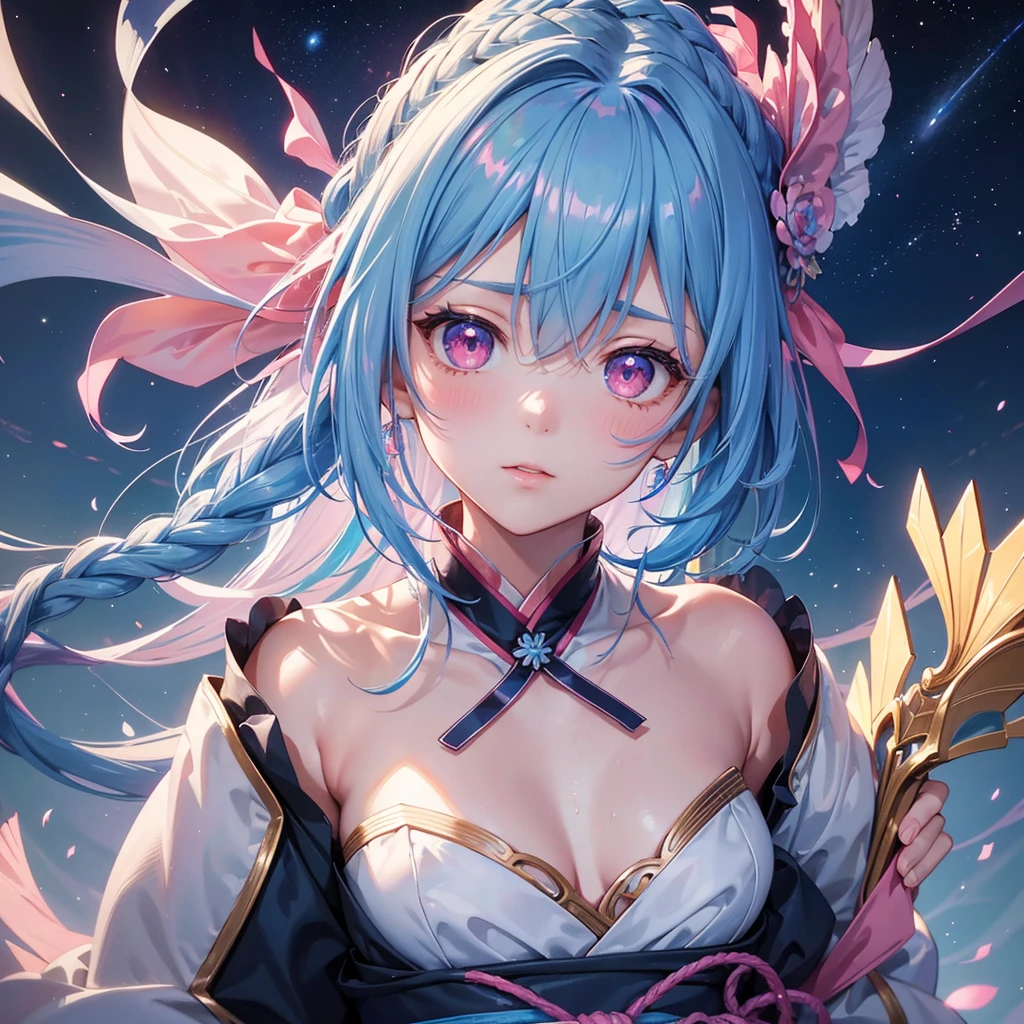 Sky blue hair, (One braided ponytail),(Pink Eyes),Fair skin ,(whole body),(One girl),Hanfu,The goddess,Tanabata,(A beautiful Milky Way in the night sky),Stern face,Blushing,Straight bangs,(masterpiece, Highest quality, Very detailed, Best Shadow), (Detailed Background), (Beautifully detailed face), High Contrast, (Best lighting, Very delicate and beautiful), ((Cinematic Light)), colorful, Hyper Detail, Dramatic Light, Intricate details,