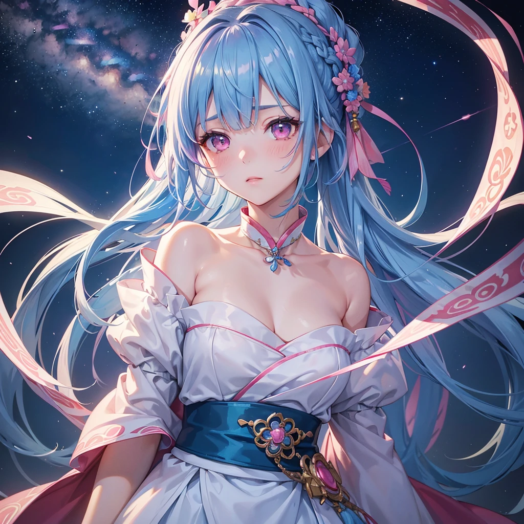 Sky blue hair, (One braided ponytail),(Pink Eyes),Fair skin ,(whole body),(One girl),Hanfu,The goddess,Tanabata,(A beautiful Milky Way in the night sky),Stern face,Blushing,Straight bangs,(masterpiece, Highest quality, Very detailed, Best Shadow), (Detailed Background), (Beautifully detailed face), High Contrast, (Best lighting, Very delicate and beautiful), ((Cinematic Light)), colorful, Hyper Detail, Dramatic Light, Intricate details,