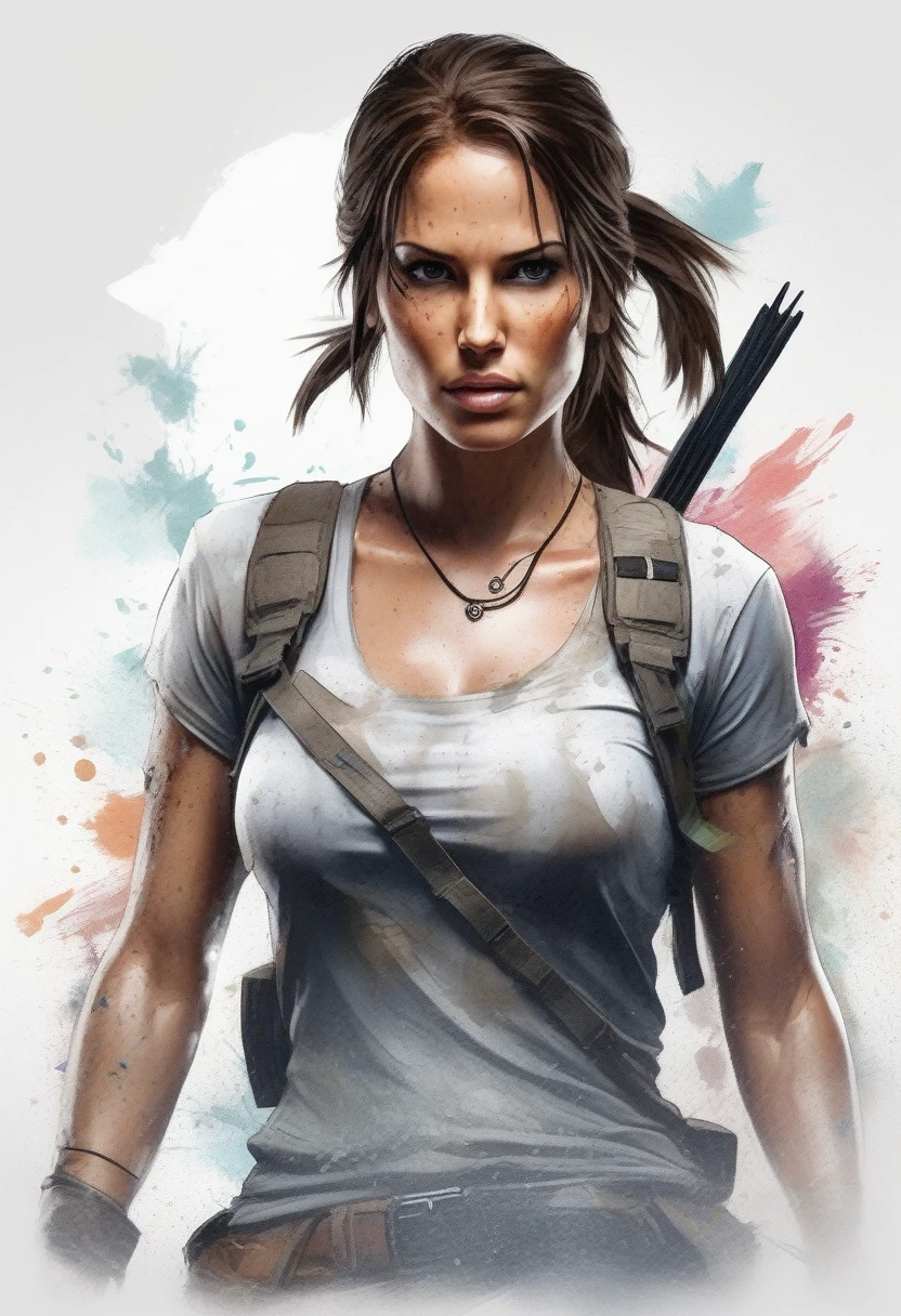 A stylish t-shirt, t shirt design, Centered art, 2D vector, water colour, Lara Croft Tomb Raider, White background, Adobe illustration, trends on artstation, High definition, 8K, details Intricate, vibrant eyes, arte linda, work of art, by Rafael Albuquerque , REMBRANDT luminosity