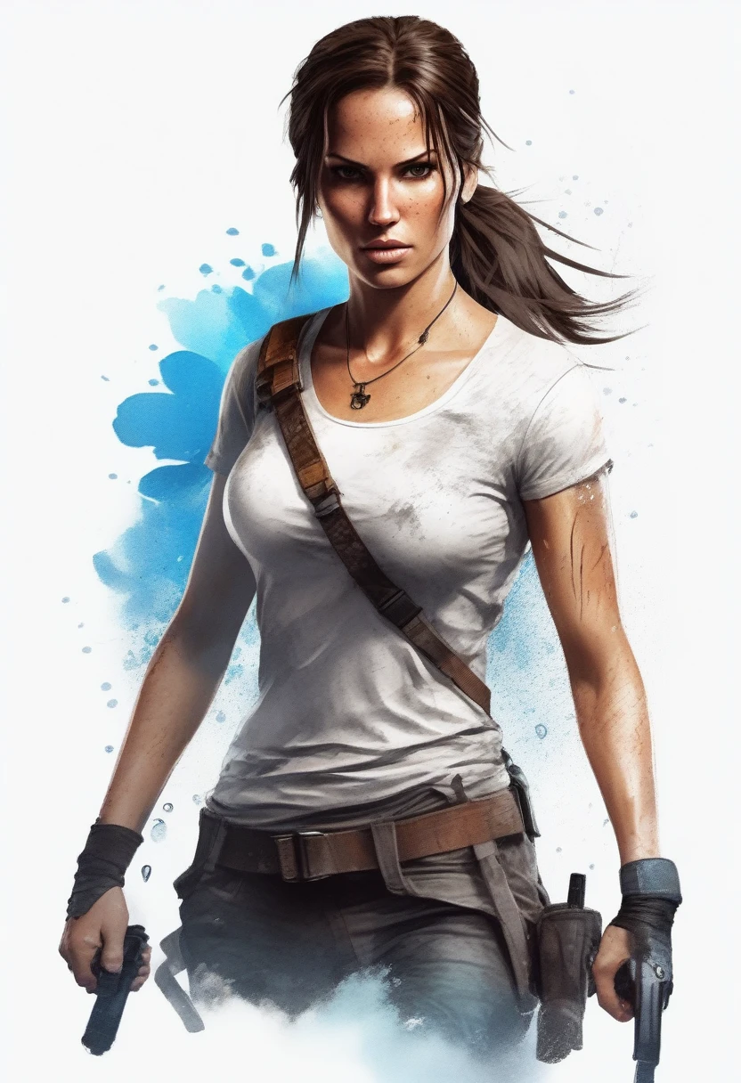 A stylish t-shirt, t shirt design, Centered art, 2D vector, water colour, Lara Croft Tomb Raider, White background, Adobe illustration, trends on artstation, High definition, 8K, details Intricate, vibrant eyes, arte linda, work of art, by Rafael Albuquerque , REMBRANDT luminosity