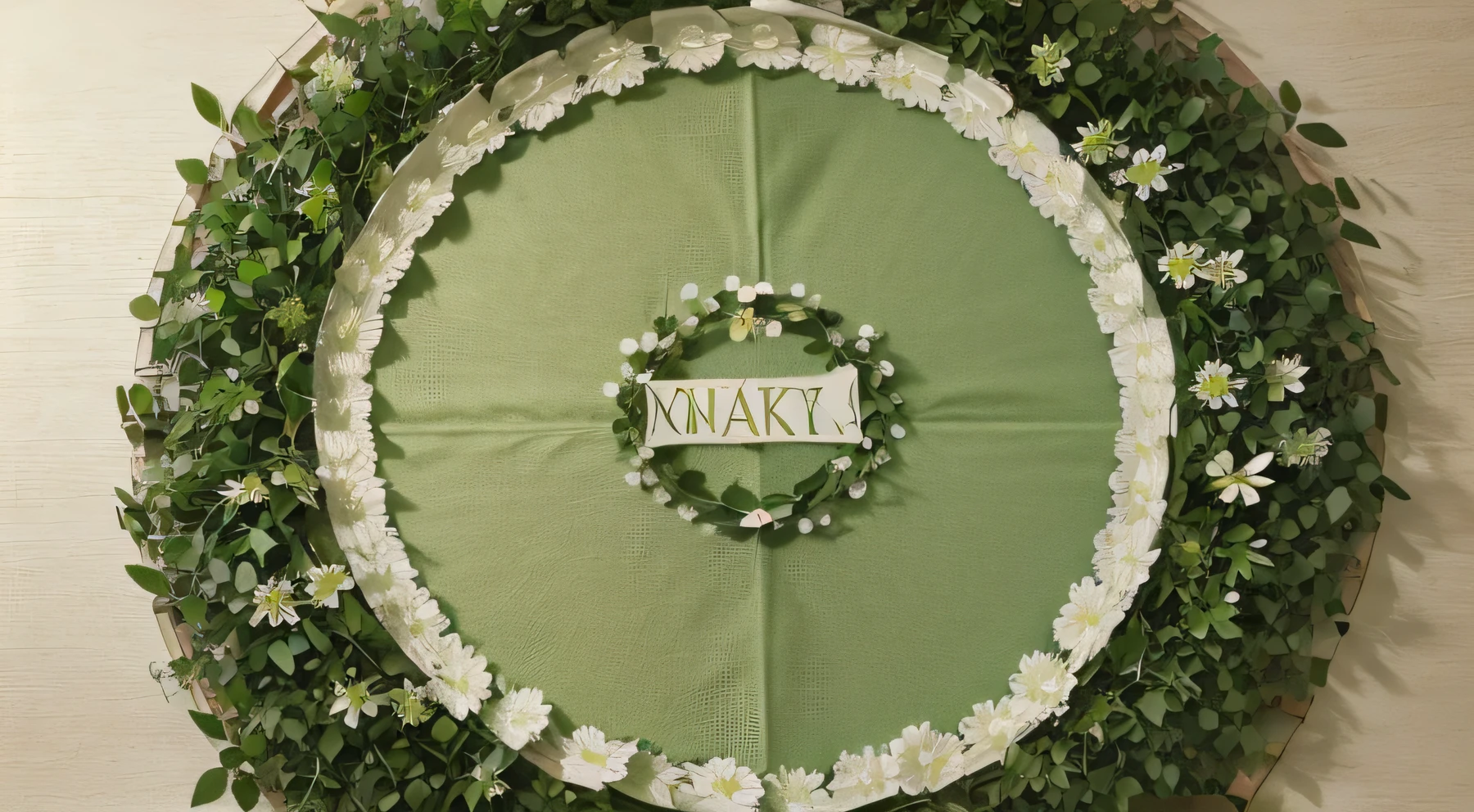 There are three green leaves in a circle, flowers, dew drops, Colors: Green, white, beige, Pastel shades.
In the center there is a place for the inscription.
