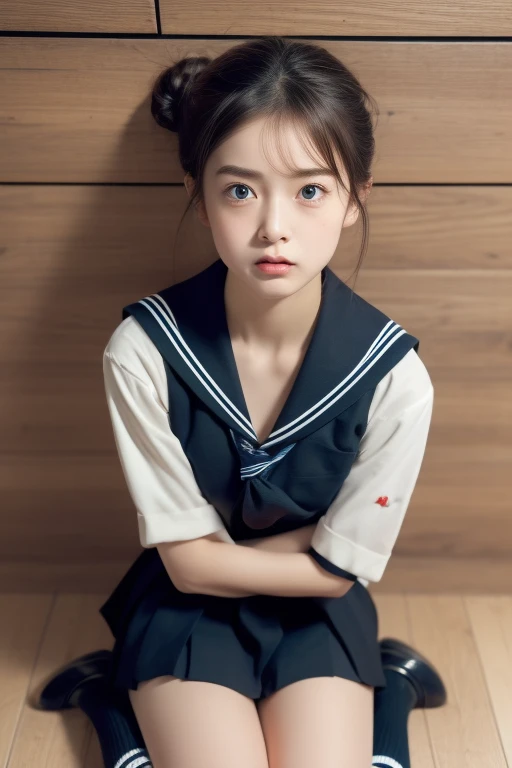 Highest quality、Professional Writing、 Detailed workmanship、High resolution、(8K, High resolution:1.2)、(RAW Photos, Realistic:1.3)、masterpiece、Slim figure、High resolutionの顔、The face is in focus、High resolutionの目、(concentrate, Symmetrical pupils:1.2)、Slim figure、High quality and beautiful skin、Firm Skin、Natural Makeup、Gloss Lip, High-definition hair texture、 (Japanese schoolgirl)、Unparalleled beauty、、cute, Hair Bun, classroom、(Sailor suit、Black socks、Black Loafers:1.3), (Sit on the floor by the wall:1.3), ((Hold your arms tightly against your chest:1.3)), very cute, ((Very angry:1.3)), (blush:1.3), (is scared:1.3), Strange facial expression、Looking up at the camera:1.2、(Shirt front opening:1.2), (Cleavage, Browsing Caution)