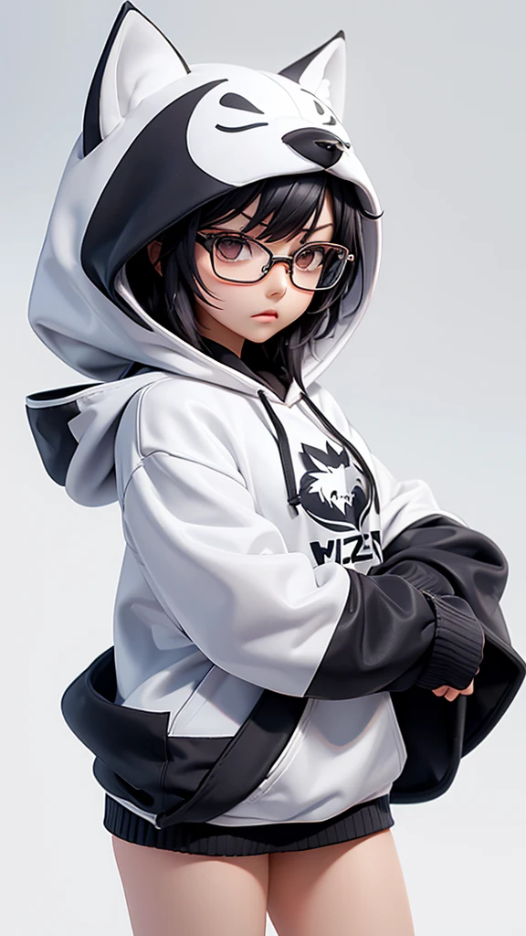 (Highest quality:1.2)。One Woman。Glasses。Angry expression。(Wearing a hooded wolf costume)。(standing)。The background is a white。(written REZA in hoodie) 