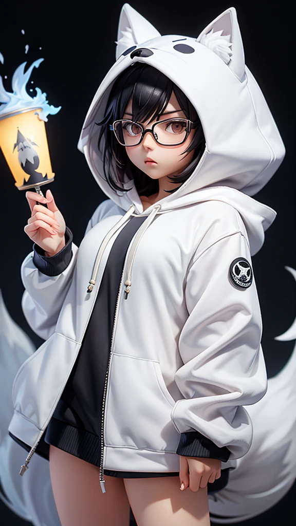 (Highest quality:1.2)。One Woman。Glasses。Angry expression。(Wearing a hooded wolf costume)。(standing)。The background is a white。(written REZA in hoodie)