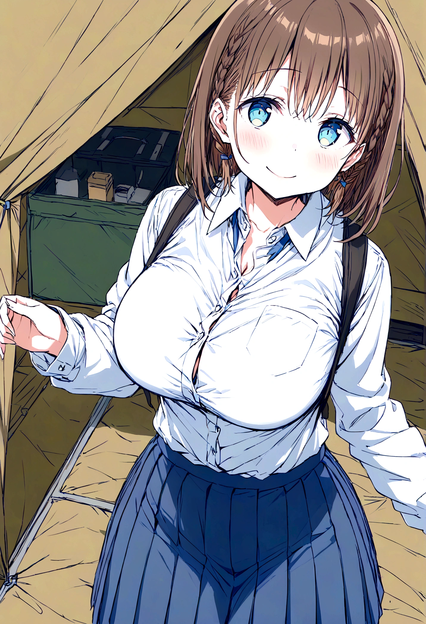 Tawawa on Monday,Ai-chan,Big Breasts,cleavage cutout,high school girl,source_アニメ, 1girl, solo,whole body,brown hair, cyan eyes, braid, white shirt, collared shirt, pleated skirt, blue skirt, large breasts, looking at you,shoot from below,blush smile,in homeless blue tent,hentai,finely detailed beautiful face,high quality,アニメ,beautiful,High resolution,アニメ color,{{{{8K_wallpaper}}}},{{{masterpiece}}},{{{{extremely detailed eyes}}}},{{{{extremely detailed body}}}},{{{{extremely detailed finger}}}}