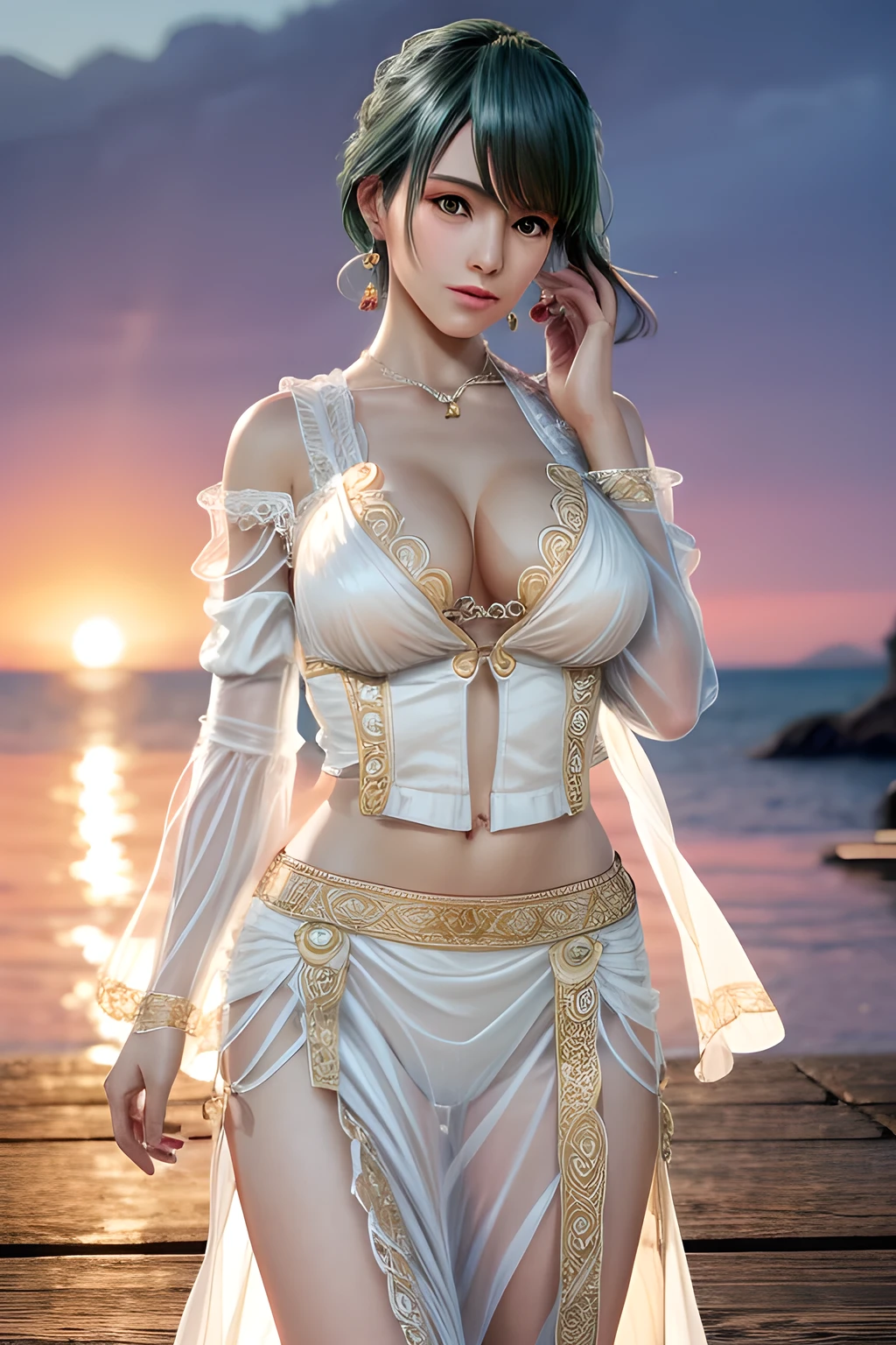 1girl,Tamaki,At sunset, the warm sunlight adds a golden hue to the scene. Wearing a flowing (white dress with transparent sleeves and a cinched waist: 1.4), blown by the breeze, and wearing earrings, she stands on the dock and looks at the sunset in the distance. The water is calm, with soft ripples, and the outline of the distant coastline can be vaguely seen in the background.(fashionable_Tattoos),(huge breasts),collarbone, cleavage,Detailed Hair,(Tattoos),(masterpiece:1.5),( best quality:1.4), ultra-detailed,(((realisetic))),8K,{ (photorealistic:1.37),movie soft light,