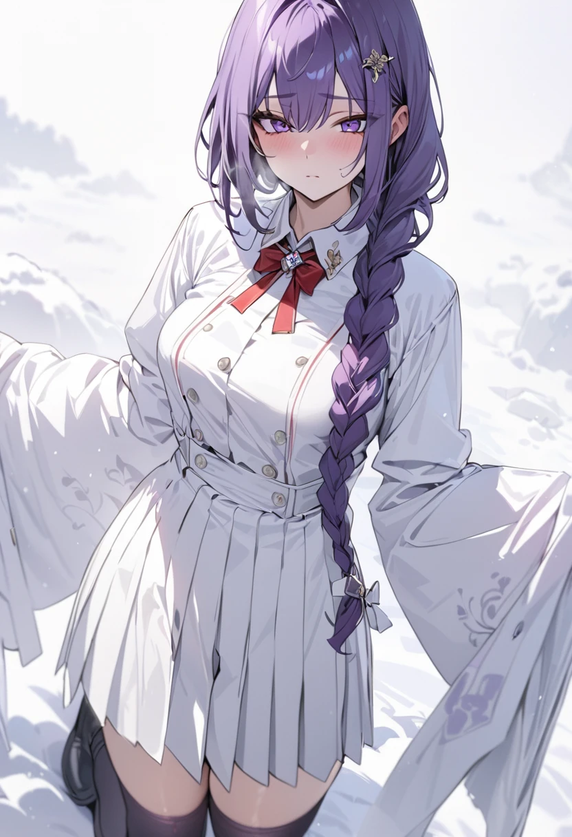 masterpiece, (bestquality), highlydetailed, ultra-detailed, cold, solo, (1girl), dark purple hair, very long single braid, bright purple eyes, (white collared shirt with white furisode sleeves), thin red bow tie under the collar, (diamond-shaped pin on the front of the bow), black high-waisted pleated skirt, dark purple high socks, black ankle boots, medium breasts, calm, expressionless, (simple white background), white empty background, full body, standing