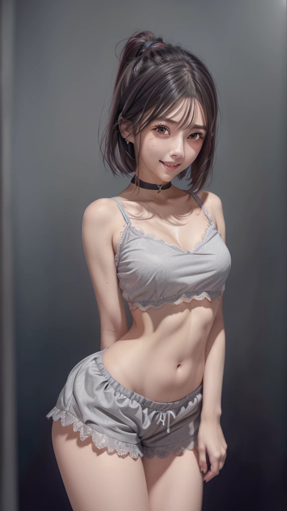 (((Gazing at the audience)))、smile、ponytail、Highest quality、masterpiece、Ultra-high resolution、(Realistic:1.4)、Pijama lace shorts、Cinema Lighting、(Ted gray hair、Normal bust:1.3)、Ultra detailed face、Detailed eyes、double eyelid、Big Hips、library、(Sexy young woman'Body:1.4),ponytail、