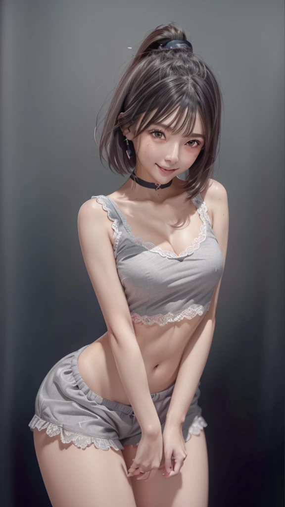 (((Gazing at the audience)))、smile、ponytail、Highest quality、masterpiece、Ultra-high resolution、(Realistic:1.4)、Pijama lace shorts、Cinema Lighting、(Ted gray hair、Normal bust:1.3)、Ultra detailed face、Detailed eyes、double eyelid、Big Hips、library、(Sexy young woman&#39;Body:1.4),ponytail、

