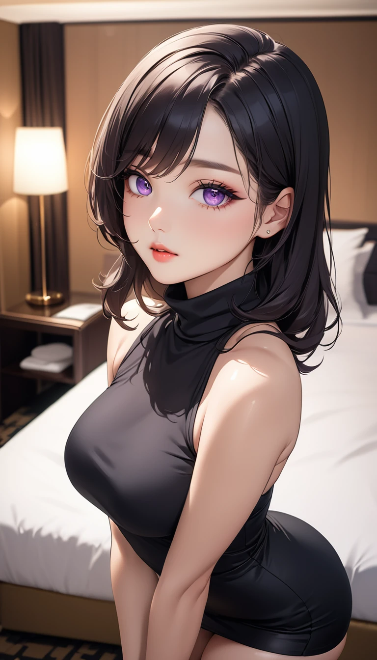 masterpiece, high resolution, beautiful woman, Korean Beauty, 30 years old, black sleeve less turtle neck, mini pencil skirt, beautiful woman, night hotel, looking at me, (high resolution face), (high resolution eyes), (high quality eyes), black hair, purple eyes, little curvy