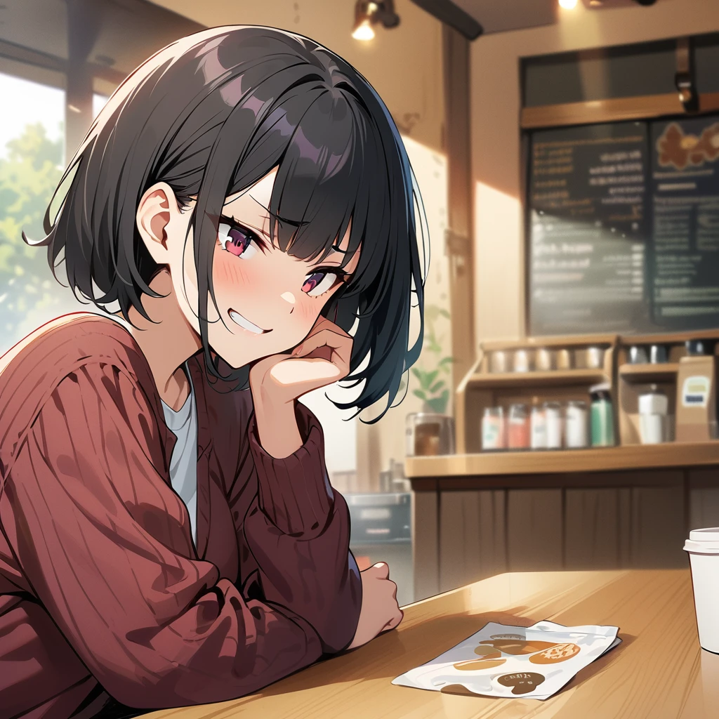 girl, Black Hair, Hairstyle: Short Bob，A look of disgust, smile, High-quality images, masterpiece, coffee shop,