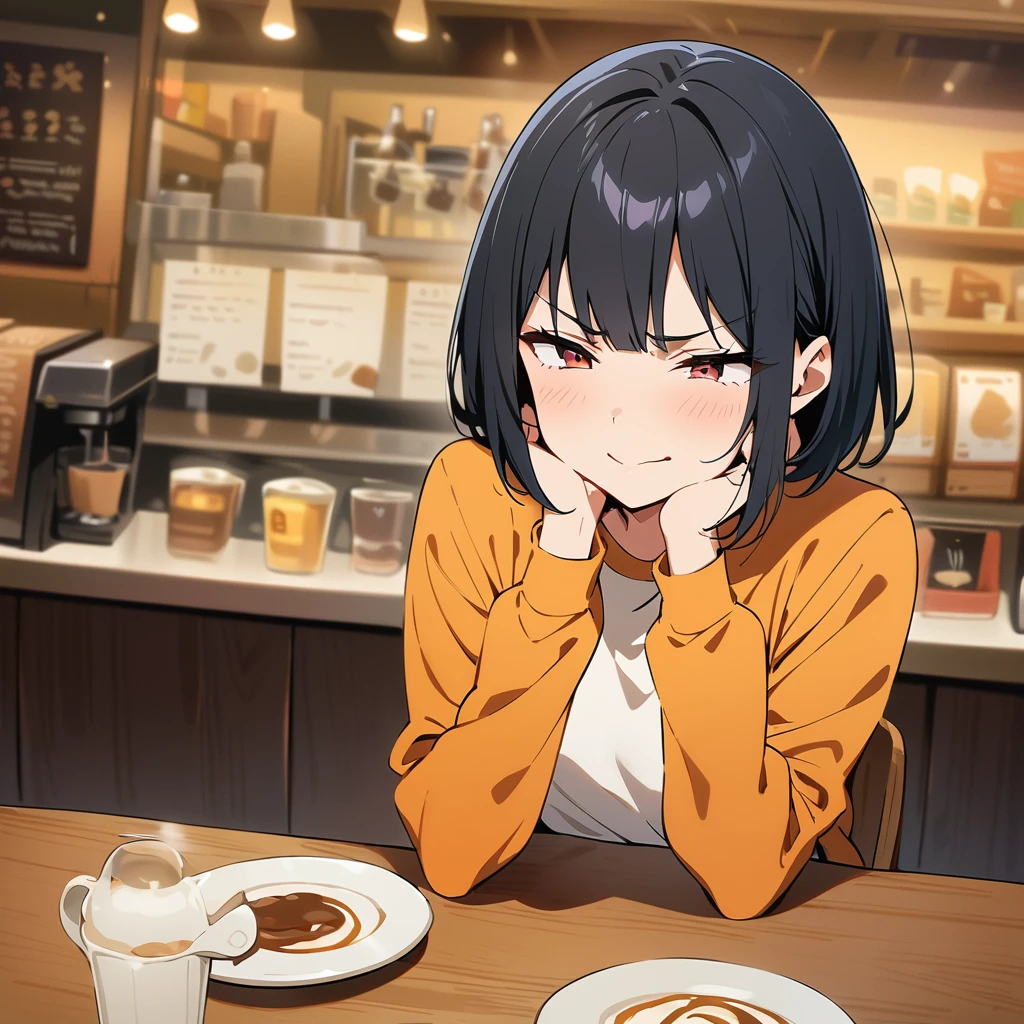 girl, Black Hair, Hairstyle: Short Bob，A look of disgust, smile, High-quality images, masterpiece, coffee shop,