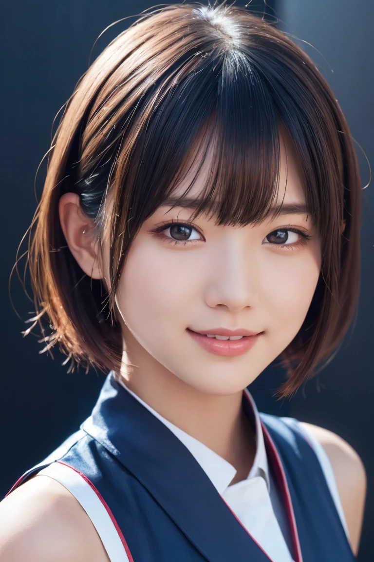 1 Girl, (Wearing colorful stage costumes:1.2), Very beautiful Japanese idol portraits, Face close-up, (RAW Photos, Highest quality), (Realistic, Realistic:1.4), (masterpiece), Very delicate and beautiful, Very detailed, 2k wallpaper, wonderful, finely, Very detailed CG Unity 8K wallpaper, Very detailed, High resolution, Soft Light, Beautiful detailed girl, Very detailed目と顔, Beautiful and sophisticated nose, Beautiful and beautiful eyes, Cinema Lighting, (Simple light color background:1.3), (short hair), (Bob), Complete Anatomy, Slender body, Small breasts, smile、In town