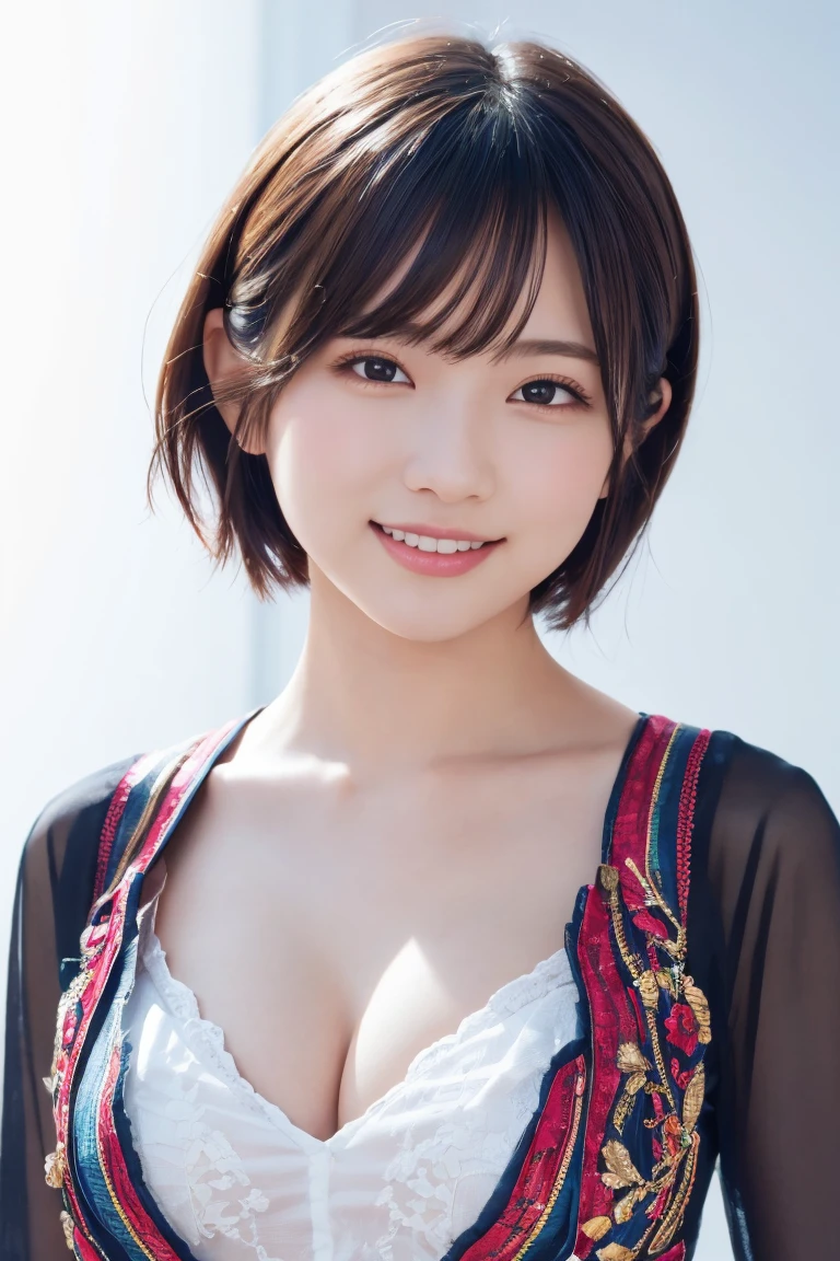 1 Girl, (Wearing colorful stage costumes:1.2), Very beautiful Japanese idol portraits, Face close-up, (RAW Photos, Highest quality), (Realistic, Realistic:1.4), (masterpiece), Very delicate and beautiful, Very detailed, 2k wallpaper, wonderful, finely, Very detailed CG Unity 8K wallpaper, Very detailed, High resolution, Soft Light, Beautiful detailed girl, Very detailed目と顔, Beautiful and sophisticated nose, Beautiful and beautiful eyes, Cinema Lighting, (Simple light color background:1.3), (short hair), (Bob), Complete Anatomy, Slender body, Small breasts, smile、In town