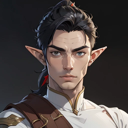(masterpiece), (best quality),(portrait),(bust up),1boy,solo,(sharp focus),((look at viewer)),,elf, elf priest,(redhead),adult, (ancient:1)elf, elf ranger,(black hair),adult, (ancient:1),),ancient luxurious long clothes,old school fantasy art,((simple background)),super shiny face,Ultra Glossy Skin,pony tail