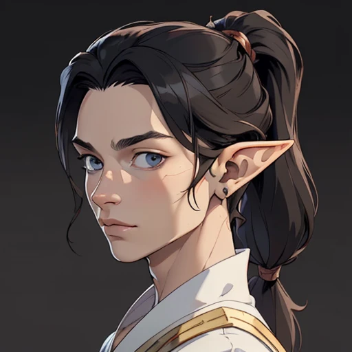 (masterpiece), (best quality),(portrait),(bust up),1boy,solo,(sharp focus),((look at viewer)),,elf, elf priest,(redhead),adult, (ancient:1)elf, elf ranger,(black hair),adult, (ancient:1),),ancient luxurious long clothes,old school fantasy art,((simple background)),super shiny face,Ultra Glossy Skin,pony tail