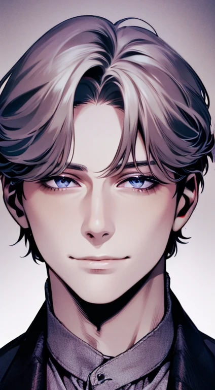 (best quality,4k,8k,highres,masterpiece:1.2),ultra-detailed,(realistic,photorealistic,photo-realistic:1.37),1 man,31 years old,mature man,very handsome,without expression,smile,short grey purple hair,blue eyes,penetrating gaze,perfect face without errors,imposing posture,businessman,office background,cinematic lighting,hdr image