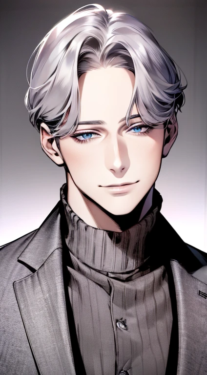(best quality,4k,8k,highres,masterpiece:1.2),ultra-detailed,(realistic,photorealistic,photo-realistic:1.37),1 man,31 years old,mature man,very handsome,without expression,smile,short grey purple hair,blue eyes,penetrating gaze,perfect face without errors,imposing posture,businessman,office background,cinematic lighting,hdr image