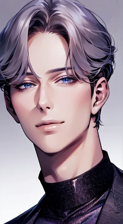 (best quality,4k,8k,highres,masterpiece:1.2),ultra-detailed,(realistic,photorealistic,photo-realistic:1.37),1 man,31 years old,mature man,very handsome,without expression,smile,short grey purple hair,blue eyes,penetrating gaze,perfect face without errors,imposing posture,businessman,office background,cinematic lighting,hdr image