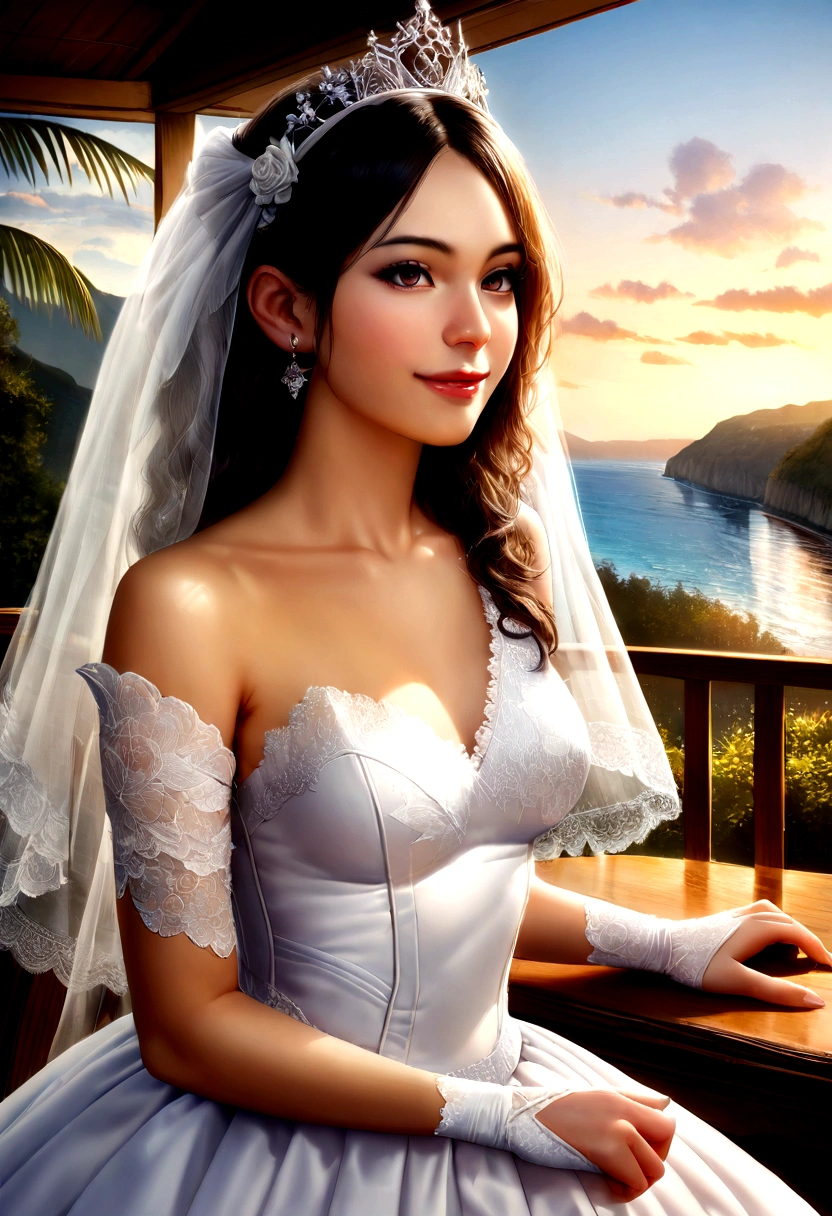 (Highest quality, Tabletop:1.2), (Realistic:1.3), (非常にDetailed Background, Detailed Background), Bokeh,Shooting from the side,  ((Medium chest)), [[valley]],(Princess line wedding dress:1.3),(((One Shoulder:1.3))), Bridal Tiara, Bridal Veil, Bridal Gauntlet,  Upper Body, (Wedding venues near the sea:1.2), smile,