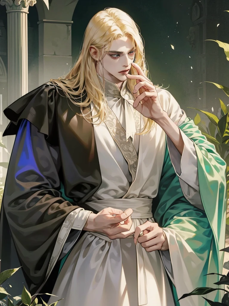 Middle Ages, One, Castlevania Lord handsome, a thin man heads a monastery, beautiful robe, white fabric clothes, A cross hangs around my neck, priest, dynamic pose, super detailed face, long hair, blonde hair, Sharp facial features, adult, handsome man, heavenly eyes, beautiful hands, in a beautiful green garden