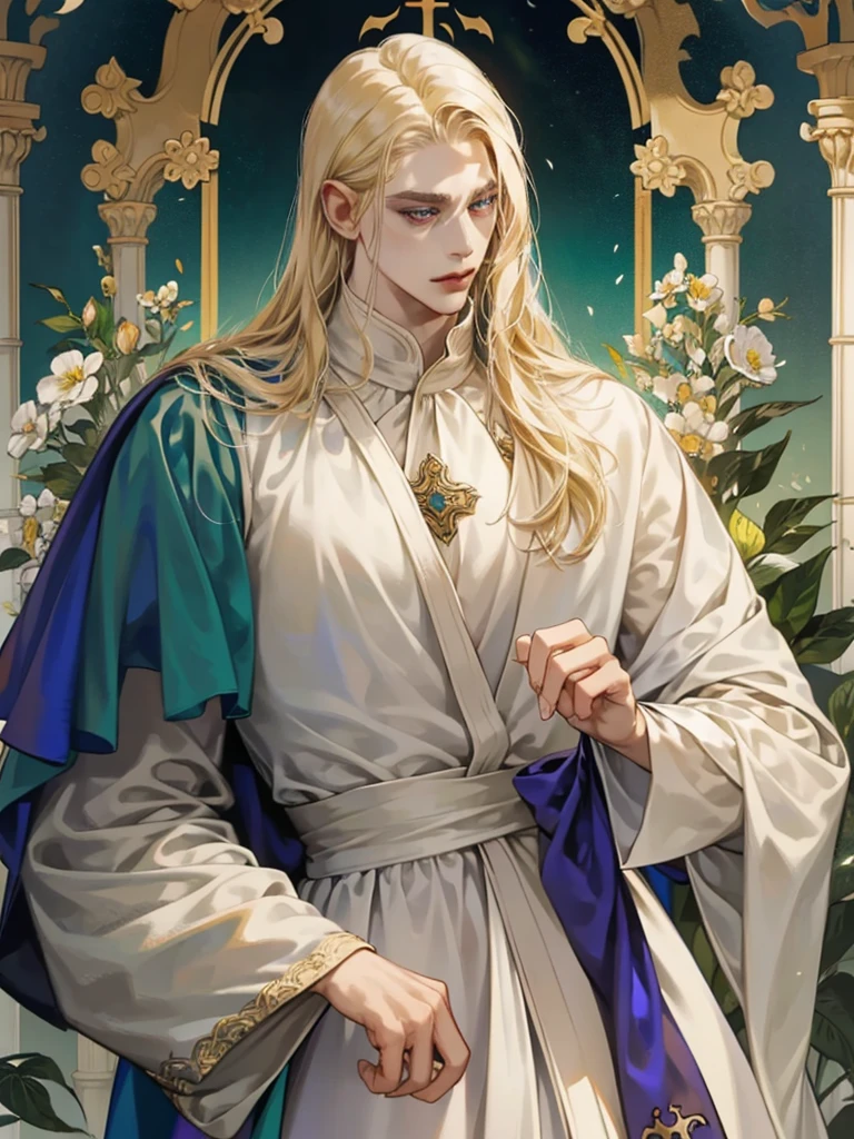 Middle Ages, One, Castlevania Lord handsome, a thin man heads a monastery, beautiful robe, white fabric clothes, A cross hangs around my neck, priest, dynamic pose, super detailed face, long hair, blonde hair, Sharp facial features, adult, handsome man, heavenly eyes, beautiful hands, in a beautiful green garden