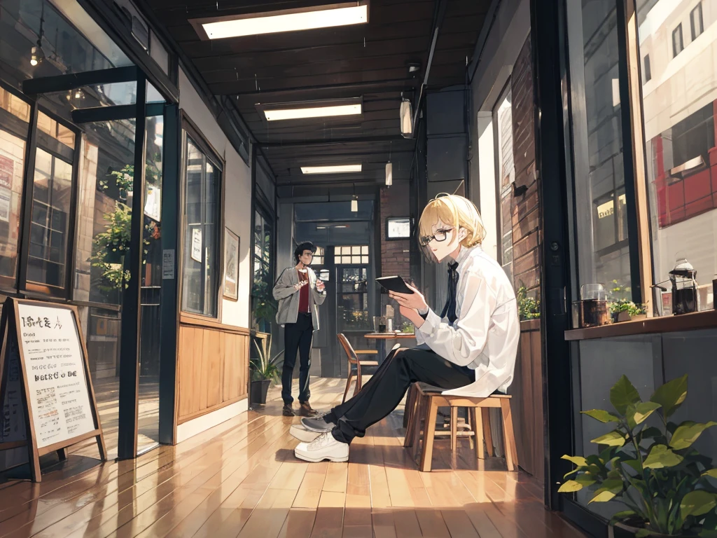 Black haired man wearing glasseuscular man、Blonde woman、Melancholy atmosphere、Three people having a conversation in a coffee house on a rainy day、30 years old、adult