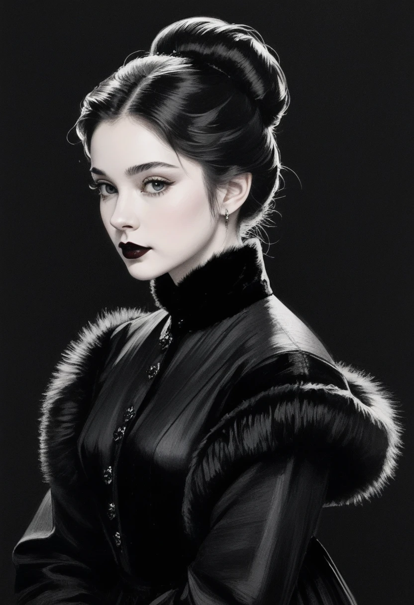 score_9, score_8_up, score_7_up, score_6_up BREAK monochrome, sketch, hatching texture, 1girl,solo, slim, pale skin tone, beauty mark, dark lipstick, regal dressing, fur trimmed black dress, dark background, bun hairstyle 