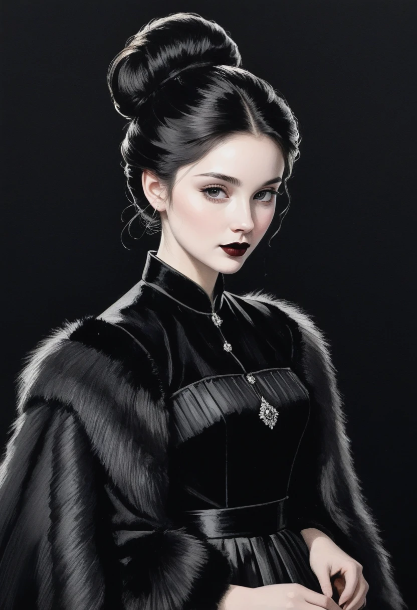 score_9, score_8_up, score_7_up, score_6_up BREAK monochrome, sketch, hatching texture, 1girl,solo, slim, pale skin tone, beauty mark, dark lipstick, regal dressing, fur trimmed black dress, dark background, bun hairstyle 