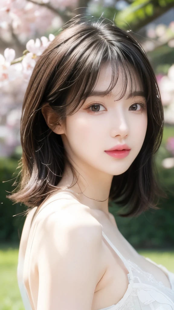good quality, 4K,8K,Practical, Reality, Extremely detailed, Extremely delicate and beautiful, RAW photos, Japanese and Korean beauties,Korean beauty,Wear JK, ,Large Breasts,(Beautiful and delicate eyes,Beautiful and delicate lips,Extremely detailed eyes and face,Long eyelashes), Beautiful hair, Happy expression, Surrounded by cherry blossom trees, It has a cute anime style, In the picturesque garden filled with sunshine. Best quality artwork, With ultra-detailed features and realistic, Practical touch. Bright colors,The lighting creates a warm atmosphere, Dreamy atmosphere.