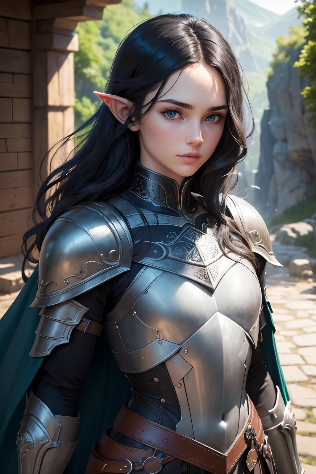 ((best qualityer)), ((work of art)), (detailded), ((best quality)), ((masterpiece)), (detailed), Prize-winning works, with incredible details, maximum textures and details, uhd ,8K,super resolution ,depth of field, retina, masterpiece, anatomically correct, textured skin, super detail, high details, highres ,1 Elf male male adventurer warrior ,Super long black hair wavy in the wind,rosto ultra detailded ,greeneyes, wide chin , wearing light adventurer armor, blue long cape ,fully body, olhos detaildeds ,green light armor,similar to the work of JRR Tolkien (25 year old young man :1.1,olhos detaildeds, rosto detailded, whole body:1.1,the bottom is a valley ,mountains and forest ),(best qualityer:1.2,ultra-detailded:1.1,realisitic:1.37) ,eyeshadows, sharp focus, swirly vibrant colors,)