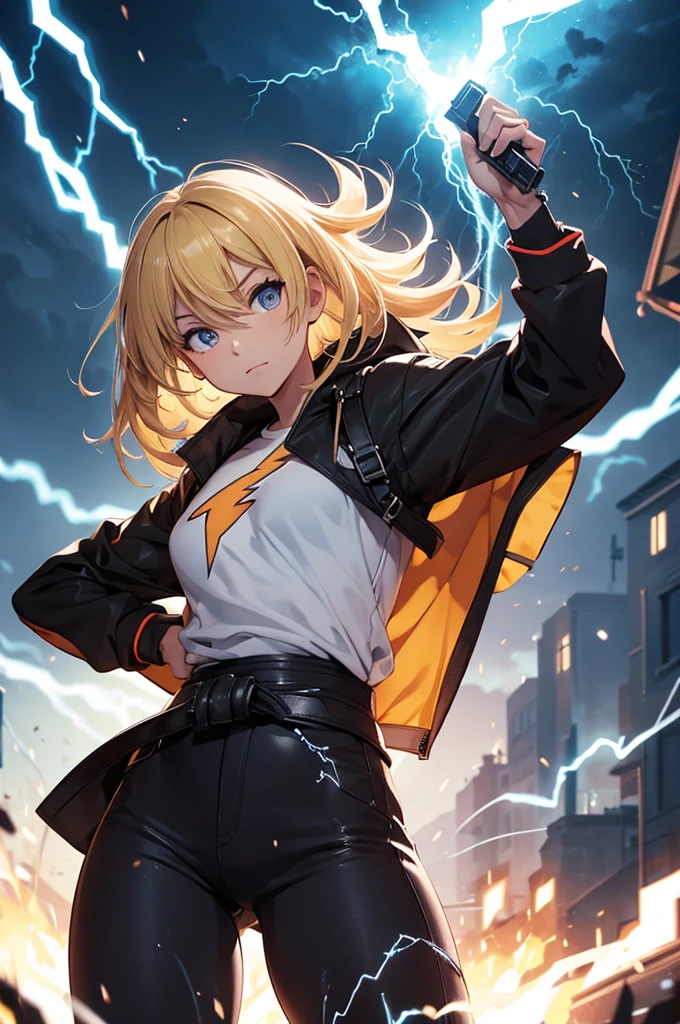 best quality, expressive eyes, perfect face, ((electricity)), excessive energy, charged aura, ((cowboy shot)), fighting stance, (holding weapon:1.3), fighting stance, (side view), (zenitsu), agatsuma zenitsu, 1boy, blonde hair, thick eyebrows, brown eyes, bangs, short hair, (japanese clothes, triangle print, haori), white belt, black jacket, black pants, (The body is wrapped in lightning:1.3), lightning elemental energy towards himself, Lots of lightning, lightning,