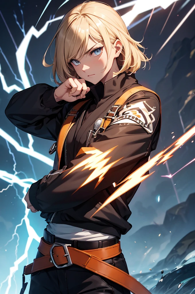best quality, expressive eyes, perfect face, ((electricity)), excessive energy, charged aura, ((cowboy shot)), fighting stance, (holding weapon:1.3), fighting stance, (side view), (zenitsu), agatsuma zenitsu, 1boy, blonde hair, thick eyebrows, brown eyes, bangs, short hair, (japanese clothes, triangle print, haori), white belt, black jacket, black pants, (The body is wrapped in lightning:1.3), lightning elemental energy towards himself, Lots of lightning, lightning,