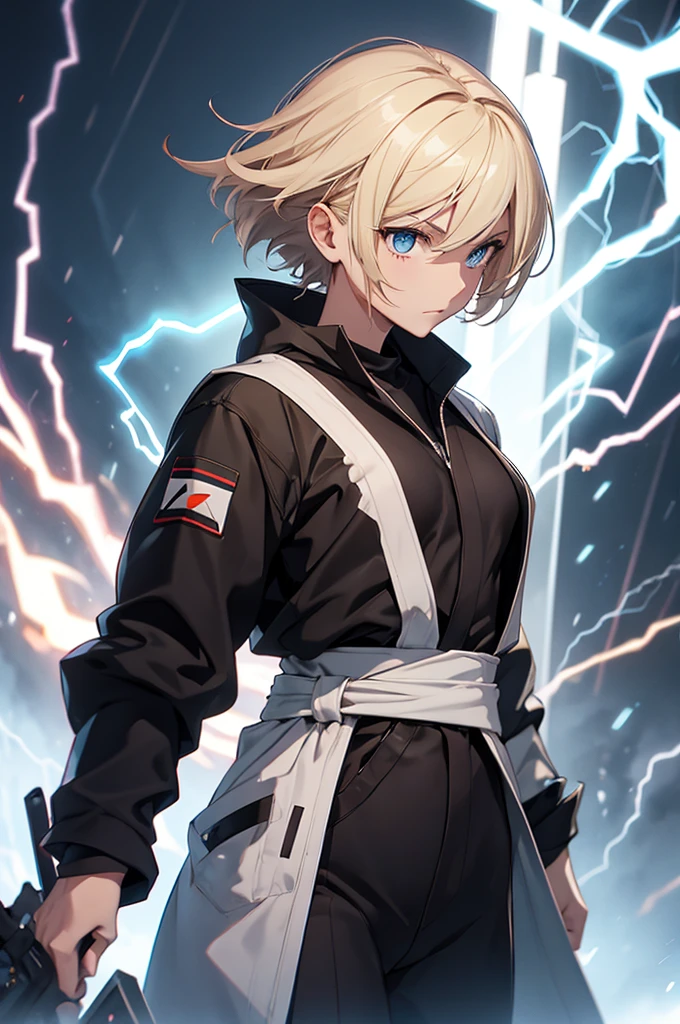 best quality, expressive eyes, perfect face, ((electricity)), excessive energy, charged aura, ((cowboy shot)), fighting stance, (holding weapon:1.3), fighting stance, (side view), (zenitsu), agatsuma zenitsu, 1boy, blonde hair, thick eyebrows, brown eyes, bangs, short hair, (japanese clothes, triangle print, haori), white belt, black jacket, black pants, (The body is wrapped in lightning:1.3), lightning elemental energy towards himself, Lots of lightning, lightning,