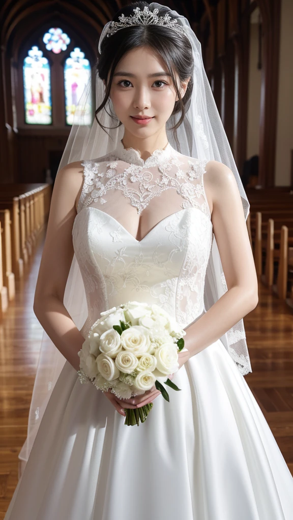 Escape((20-year-old)), hair((black)), eye((smart eye, black)), clothing((White lace, 白色see-through wedding dress, see-through wedding dress)), hair bun, Head ornament, Pink nipples , Veil, bouquet, Huge , Large Breasts, smile, Korean Makeup, Heavy makeup, White Church, Church wedding,