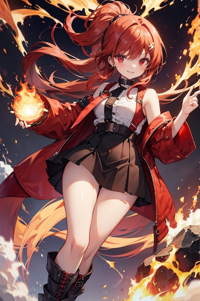 20 years old, long red hair, wears a ponytail, red eyes, always smiling. She dresses in an antique style, wearing a short brown skirt with black shorts underneath, ending above the knees. She wears knee-high brown boots. Her white blouse is sleeveless and features red details. She possesses fire powers and has a fire-themed background."