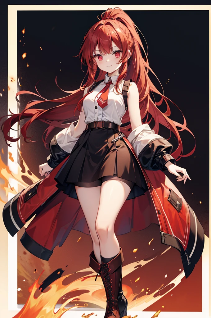 20 years old, long red hair, wears a ponytail, red eyes, always smiling. She dresses in an antique style, wearing a short brown skirt with black shorts underneath, ending above the knees. She wears knee-high brown boots. Her white blouse is sleeveless and features red details. She possesses fire powers and has a fire-themed background." 