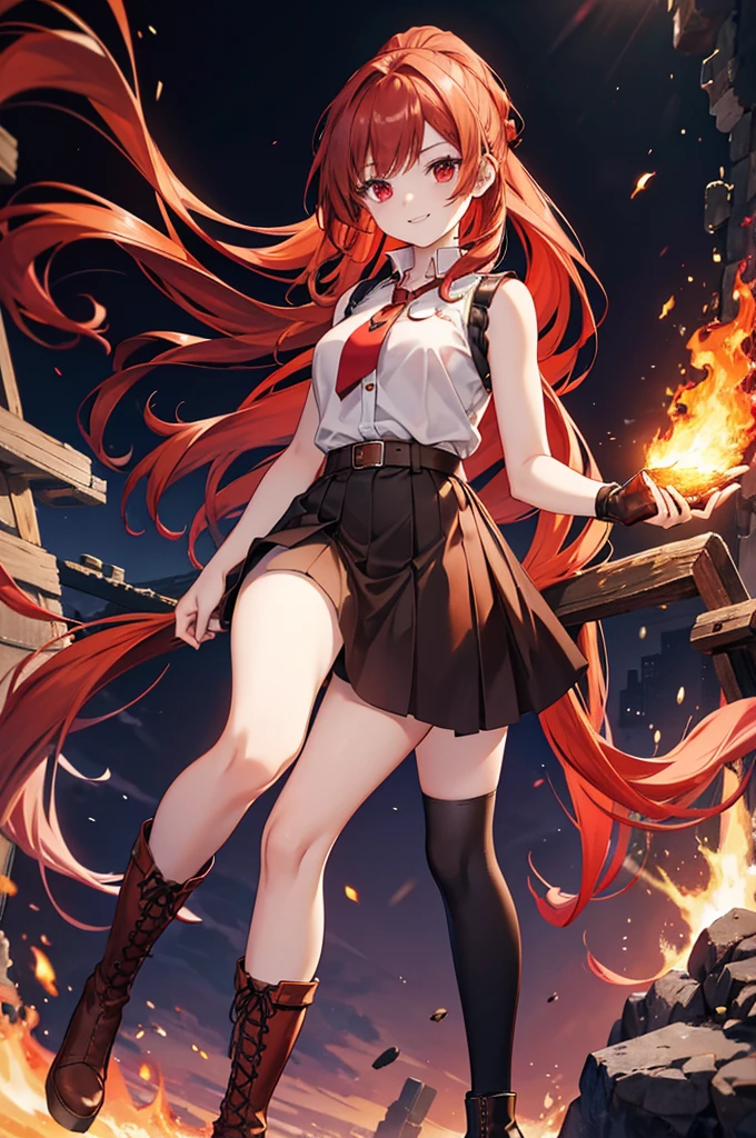 20 years old, long red hair, wears a ponytail, red eyes, always smiling. She dresses in an antique style, wearing a short brown skirt with black shorts underneath, ending above the knees. She wears knee-high brown boots. Her white blouse is sleeveless and features red details. She possesses fire powers and has a fire-themed background."