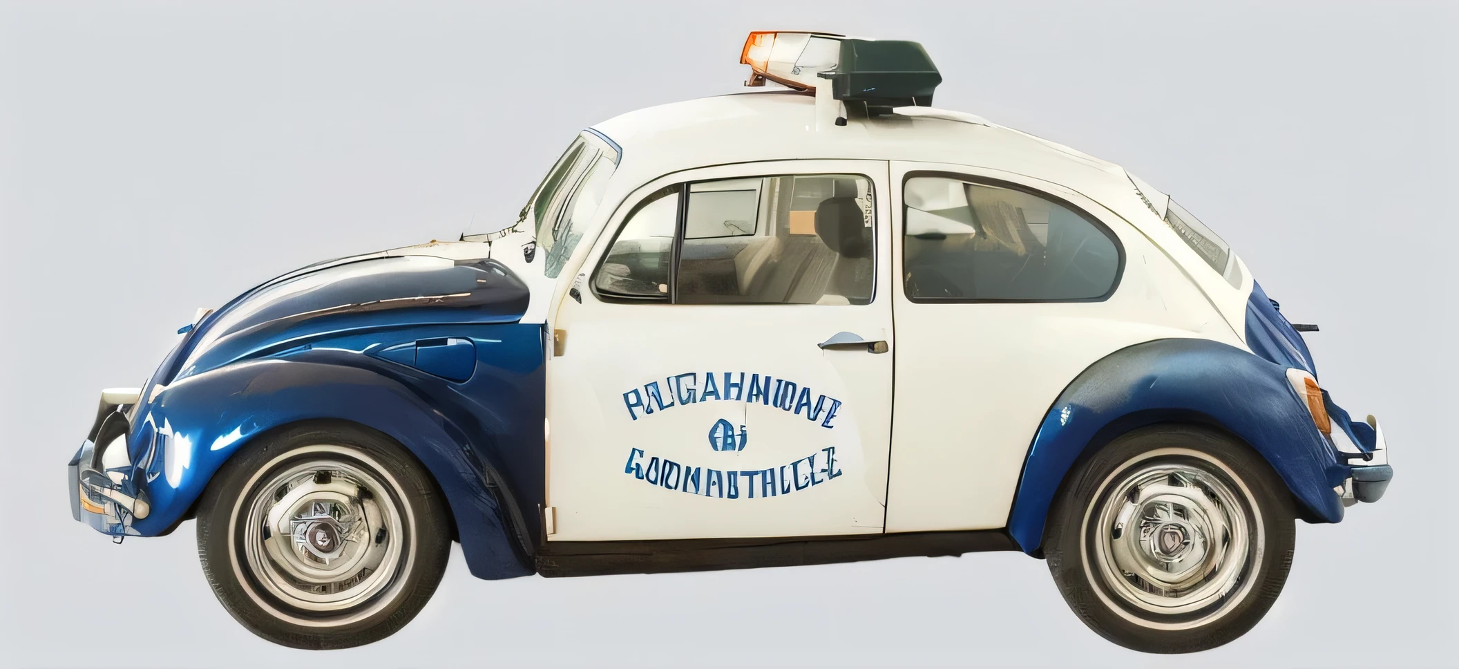 (photorealistic, high resolution, UHD, 8k, Masterpiece), blue and white police car Volkswagen with a red light on top