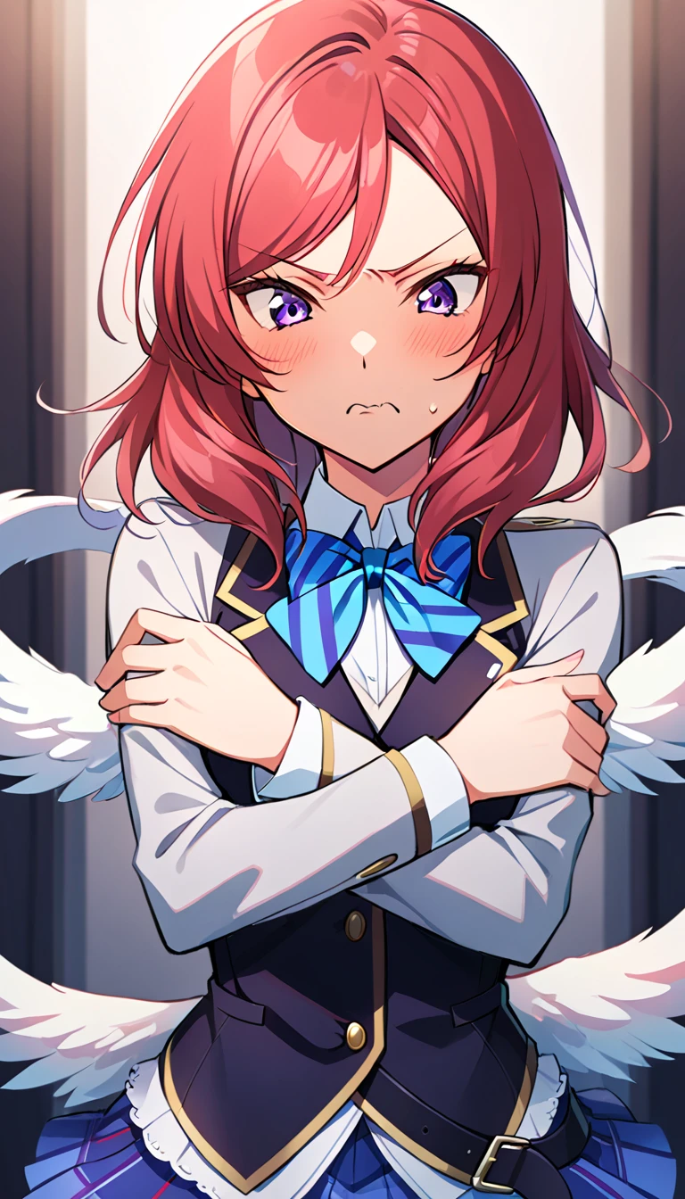 1girl, nishikino maki, upper body, otonokizaka ,id_maki_nishikino,She has her arms folded, She has her arms folded, her face turned to the side, and looks a little angry and displeased.